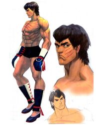 Rule 34 | 1boy, abs, alternate costume, armor, black hair, blood, boxing gloves, capcom, concept art, enter the dragon, fei long, flats, greaves, ikeno daigo, male focus, multiple views, muscular, official art, parody, scar, topless male, shorts, street fighter, street fighter iv (series)
