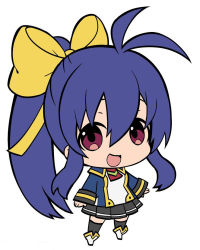 Rule 34 | 1girl, :d, antenna hair, black thighhighs, blazblue, blazblue remix heart, blue hair, bow, breasts, chibi, genderswap, genderswap (mtf), hair bow, long hair, looking at viewer, mai natsume, official art, open mouth, ponytail, red eyes, ribbon, school uniform, simple background, smile, solo, sumeshi (ambivalince), thighhighs, white background, yellow bow