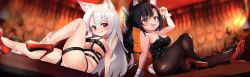 Rule 34 | 2girls, akiba monaka, animal ears, arm support, azur lane, bare arms, bare legs, bare shoulders, belt, black hair, black leotard, blurry, blurry background, blush, breasts, bright pupils, brown legwear, cleavage, closed mouth, collarbone, commentary request, crossed belts, dutch angle, fang, fishnet pantyhose, fishnets, furrowed brow, high heels, highres, knee up, large breasts, legs, leotard, long hair, looking at viewer, medium breasts, multiple belts, multiple girls, multiple straps, open mouth, pantyhose, red eyes, red footwear, revealing clothes, shigure (azur lane), shiny clothes, silver hair, sitting, skin tight, smile, strapless, strapless leotard, thick eyebrows, tongue, tongue out, too many, too many belts, underboob, white pupils, wolf ears, wolf girl, wrist cuffs, yuudachi (azur lane)