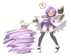 Rule 34 | 1girl, :o, aisha landar, black thighhighs, blush, book, bow, dress, elemental master (elsword), elsword, full body, gloves, hatsunatsu, no nose, pink bow, purple dress, purple eyes, purple hair, purple skirt, shoes, short hair, skirt, solo, staff, surprised, thighhighs, twintails, white background, wind, wind lift