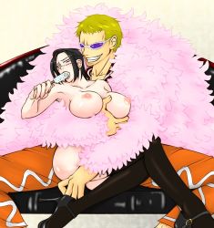 Rule 34 | 1boy, 1girl, black hair, blonde hair, grabbing another&#039;s breast, breasts, collarbone, couch, couple, covered erect nipples, crocodile (one piece), donquixote doflamingo, feather boa, food, genderswap, genderswap (mtf), grabbing, hetero, high heels, jewelry, kure miyatsuko, large breasts, nipples, one piece, perky breasts, popsicle, ring, scar, shoes, sitting, smile, sunglasses, thighhighs