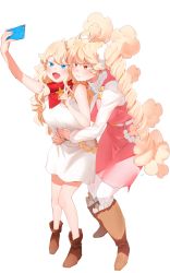 Rule 34 | 2girls, arm up, bandana, blonde eyebrows, blonde hair, blue eyes, blush, boots, bow, breasts, brown footwear, cellphone, closed mouth, colored eyelashes, commentary, commentary request, dress, drill hair, english commentary, full body, hair ornament, highres, holding, holding phone, hug, hug from behind, large breasts, long hair, long sleeves, mixed-language commentary, mofu mofuko (ryusei hashida), multiple girls, open mouth, original, phone, pink dress, pointy ears, red bandana, red neckwear, ryusei hashida, selfie, signature, simple background, skirt, sleeveless, sleeveless dress, smartphone, standing, star ornament, sweater, turtleneck, turtleneck sweater, twin drills, v, very long hair, wavy hair, white background, white dress, white sweater