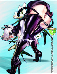 Rule 34 | 1girl, animal ears, ass, blindfold, boots, cat ears, cat tail, cleft of venus, elbow gloves, fake animal ears, fake tail, gloves, high heels, lime lissa, lips, looking at viewer, looking back, nier:automata, nier (series), panties, purple footwear, purple thighhighs, pussy, short hair, tail, teeth, thigh boots, thighhighs, thighs, tongue, uncensored, underwear, white gloves, white hair, 2b (nier:automata)