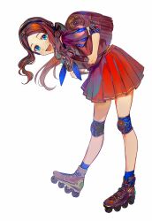 Rule 34 | 1girl, backpack, bag, black bow, blue eyes, blue neckerchief, blue socks, bow, brown bag, brown footwear, brown hair, brown shirt, elbow pads, fate/grand order, fate (series), full body, hair bow, headphones, highres, knee pads, leaning forward, leonardo da vinci (active sailor) (fate), leonardo da vinci (fate), leonardo da vinci (fate/grand order), leonardo da vinci (rider) (fate), light blush, long hair, looking at viewer, neckerchief, open mouth, parted bangs, pleated skirt, ponytail, puffy short sleeves, puffy sleeves, red skirt, roller skates, shirt, short sleeves, simple background, skates, skirt, smile, socks, solo, standing, tamayai, teeth, upper teeth only, wavy hair, white background