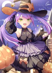 Rule 34 | 1girl, alternate costume, arm up, armpits, black dress, black hat, black sleeves, commentary, crescent moon, detached sleeves, dress, english commentary, feet out of frame, frilled dress, frills, green eyes, hair ornament, hairclip, halloween, halloween costume, hand up, hat, highres, hololive, jack-o&#039;-lantern, layered dress, long hair, looking at viewer, moon, multicolored hair, night, night sky, open mouth, outdoors, piccolo (gvgk8874), pink hair, pumpkin, purple hair, sky, sleeveless, sleeveless dress, smile, solo, streaked hair, tokoyami towa, virtual youtuber, witch hat