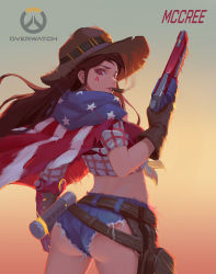 Rule 34 | 1girl, american cassidy, american flag, arm at side, ass, back, belt, belt pouch, blue shorts, breasts, brown gloves, brown hair, cape, cassidy (overwatch), character name, chen hg, cigar, copyright name, cowboy hat, cowboy shot, crop top, cutoffs, denim, denim shorts, emblem, explosive, eyeliner, facepaint, from behind, genderswap, genderswap (mtf), gloves, gradient background, grenade, gun, hand up, handgun, hat, highres, holding, holding gun, holding weapon, legs apart, lips, logo, long hair, looking at viewer, looking back, makeup, mechanical arms, medium breasts, mouth hold, nose, overwatch, overwatch 1, pistol, pouch, red eyes, red lips, short shorts, short sleeves, shorts, single glove, single mechanical arm, smoking, solo, standing, teeth, weapon