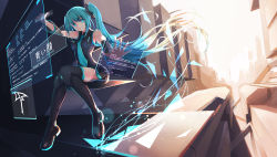 Rule 34 | 1girl, absurdres, aoi kao (lsz7106), aqua eyes, aqua hair, black footwear, black thighhighs, boots, detached sleeves, hatsune miku, highres, holographic interface, long hair, necktie, sitting, skirt, smile, solo, thigh boots, thighhighs, twintails, very long hair, vocaloid, zettai ryouiki