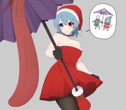 Rule 34 | 1girl, absurdres, alternate costume, blue eyes, blue hair, breasts, capelet, cleavage, commentary, cowboy shot, dress, english commentary, fur trim, grey background, hat, heterochromia, highres, holding, holding umbrella, karakasa obake, looking at viewer, medium breasts, parted lips, red dress, red eyes, red hat, santa costume, santa hat, short hair, simple background, smile, solo, speech bubble, standing, strapless, strapless dress, tatara kogasa, tongue, tongue out, touhou, umbrella, umisaki