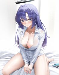 Rule 34 | 1girl, absurdres, black halo, blue archive, breasts, halo, highres, long hair, lp, purple eyes, purple hair, shirt, simple background, thighs, yuuka (blue archive)