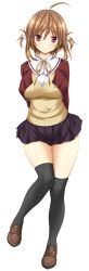 Rule 34 | 1girl, ahoge, arms behind back, black skirt, black thighhighs, breasts, brown footwear, brown hair, cardigan vest, expressionless, full body, koku, large breasts, loafers, long sleeves, looking at viewer, official art, over-kneehighs, pleated skirt, red eyes, seishun fragile, shoes, skirt, solo, thighhighs, toba setsuna, transparent background, two side up, v-neck, zettai ryouiki