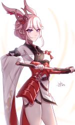 Rule 34 | 1girl, absurdres, animal ears, breasts, closed mouth, cutescookie, dated, highres, holding, holding sheath, honkai (series), honkai impact 3rd, japanese clothes, kimono, long sleeves, looking at viewer, medium breasts, pink hair, purple eyes, sheath, short sword, signature, simple background, solo, standing, sword, unsheathing, weapon, white background, white kimono, wide sleeves, yae sakura