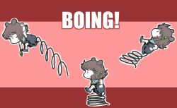 Rule 34 | 1girl, animal ears, arms up, brown hair, capelet, chibi, clenched hands, dress, english text, female focus, grey dress, jumping, long sleeves, mouse ears, mouse tail, nazrin, onikobe rin, pale skin, pink background, profile, shoes, short hair, simple background, socks, spring (object), tail, text focus, touhou, | |