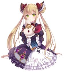 Rule 34 | 1girl, amashiro natsuki, dress, green eyes, hair ornament, highres, holding, light brown hair, lolita fashion, long hair, looking at viewer, luna (shadowverse), shadowverse, simple background, solo, twintails, very long hair, white background