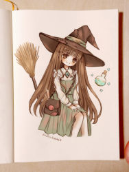 Rule 34 | 1girl, artist name, bad id, bad pixiv id, bag, blush, broom, brown hair, cropped legs, dress, flask, fruitsrabbit, green dress, hat, head tilt, invisible chair, long hair, long sleeves, looking at viewer, original, patch, photo (medium), round-bottom flask, shoulder bag, simple background, sitting, solo, star (symbol), very long hair, white background, witch, witch hat