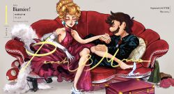 Rule 34 | 1boy, 1girl, artist name, bianxiee arts, blonde hair, breasts, brown hair, couch, dress, earrings, facial hair, formal, high heels, holding hands, jewelry, legs, lipstick, looking at another, makeup, mario, mario (series), mustache, nintendo, pillow, princess peach, sitting, suit, super mushroom