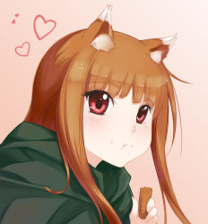 Rule 34 | 1girl, animal ears, brown hair, eating, female focus, food, food on face, heart, highres, holo, long hair, pa pa jin, papa gold, pink background, red eyes, sidelocks, simple background, solo, spice and wolf, wolf ears