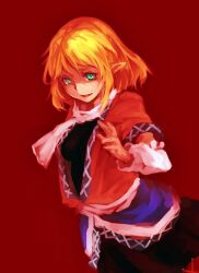 1girl arm_warmers blonde_hair brown_shirt green_eyes mizuhashi_parsee nuppehofu_(nibuta) pointy_ears red_background shirt short_hair smile solo touhou