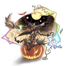 Rule 34 | 1girl, broom, cross, full moon, glowing, glowing eyes, grin, halloween, hat, highres, jack-o&#039;-lantern, kazana (sakuto), lantern, looking at viewer, moon, original, pumpkin, sharp teeth, simple background, smile, solo, star (symbol), striped clothes, striped thighhighs, teeth, thighhighs, trick or treat, white background, witch hat, yellow eyes