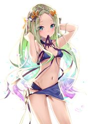 Rule 34 | 1girl, abigail williams (fate), bikini, blonde hair, blue bikini, blue eyes, blush, bow, breasts, closed mouth, commentary request, fate/grand order, fate (series), gradient hair, green hair, hair bow, highres, long hair, looking at viewer, medium breasts, mouth hold, multicolored hair, navel, orange bow, polka dot, polka dot bow, purple hair, purple ribbon, ribbon, sho (runatic moon), simple background, smile, solo, swimsuit, white background