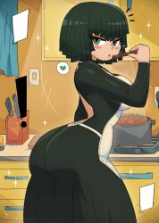 Rule 34 | !, 1girl, absurdres, apron, ass, blush, breasts, cooking, cooking pot, cupboard, curtains, dress, food, from behind, fubuki (one-punch man), green dress, green eyes, green hair, heart, highres, holding, kitchen, knife, large breasts, light switch, long sleeves, looking at viewer, looking back, one-punch man, open mouth, short hair, sparkle, speech bubble, spoken heart, spoon, standing, steam, tony welt, white apron