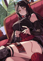 Rule 34 | 1girl, absurdres, arknights, bare shoulders, black hair, black jacket, black skirt, breasts, brown sleeves, closed mouth, commentary, detached sleeves, feet out of frame, highres, horns, ines (arknights), jacket, large breasts, long sleeves, needle, parted bangs, plant, ryofu (pixiv12347507), sewing, sewing needle, shirt, sitting, skirt, sleeveless, sleeveless shirt, smile, solo, string, yellow eyes