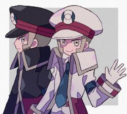 Rule 34 | 2boys, belt, black coat, black headwear, blue necktie, brothers, coat, commentary request, creatures (company), emmet (pokemon), from side, game freak, gloves, grey background, grey eyes, grey hair, hand up, hat, high collar, ingo (pokemon), looking at viewer, male focus, mgomurainu, multiple boys, necktie, nintendo, pants, pokemon, pokemon bw, pokemon bw2, red belt, serious, siblings, sidelocks, simple background, sleeve cuffs, smile, twins, upper body, waving, white coat, white gloves, white headwear, white pants