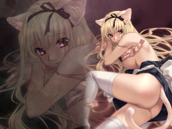 Rule 34 | 1girl, animal ears, ass, bad id, bad pixiv id, blonde hair, bra, breasts, cat ears, cat tail, copyright request, hair ribbon, large breasts, lingerie, long hair, nipples, ribbon, santa matsuri, solo, tail, thighhighs, underwear, zoom layer