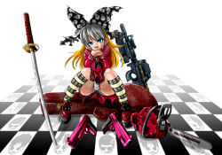 Rule 34 | 1girl, aai corporation, airtronic usa, blue eyes, bullpup, chainsaw, colt&#039;s manufacturing company, colt defense, diemaco, extended barrel, female focus, full body, grenade launcher, grey hair, gun, handgun, horizontal magazine, katana, knight&#039;s armament company, lewis machine and tool company, m1911, m203, marimo (ankokumarimo), open mouth, p90, panties, personal defense weapon, rifle, rm equipment, school uniform, see-through, shoes, sitting, skull, solo, spread legs, submachine gun, suppressor, sword, tongue, translucent, u.s. ordnance, underbarrel grenade launcher, underwear, weapon