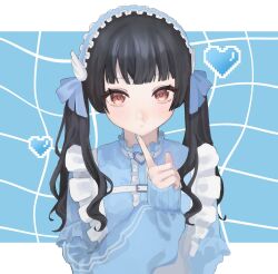 Rule 34 | 1girl, apron, black hair, blue jacket, blush, center frills, finger to own chin, frilled hairband, frills, hair ribbon, hairband, heart, highres, idolmaster, idolmaster shiny colors, jacket, jersey maid, kakuzatou (sugar xouox), long sleeves, looking at viewer, maid, mayuzumi fuyuko, pixel heart, ribbon, solo, track jacket, twintails, unconventional maid, upper body, white apron, wing hair ornament