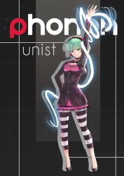 Rule 34 | 1girl, arm up, character name, choker, commission, cropped jacket, full body, green eyes, green hair, hand on own hip, headphones, high heels, highres, pants, phonon (under night in-birth), sagta panggang, smile, solo, striped clothes, striped pants, under night in-birth, under night in-birth exe:late[st]