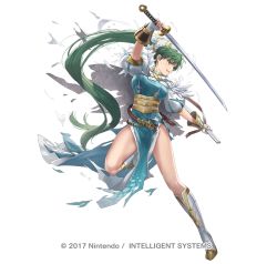 Rule 34 | 1girl, aqua dress, arm up, belt, boots, breasts, cape, company name, cuboon, dress, earrings, female focus, fingerless gloves, fire emblem, fire emblem heroes, full body, gloves, green eyes, green hair, holding, holding sword, holding weapon, jewelry, knee boots, leg up, long hair, looking away, looking to the side, lyn (fire emblem), matching hair/eyes, medium breasts, nintendo, official art, outstretched arm, parted lips, pelvic curtain, ponytail, puffy short sleeves, puffy sleeves, sheath, short sleeves, simple background, smile, solo, standing, standing on one leg, sword, thighs, torn clothes, torn dress, underboob, unsheathed, v-shaped eyebrows, very long hair, watermark, weapon, white background, white cape, white footwear, white gloves, wrist guards