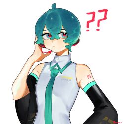 1girl ? ?? alternate_hair_length alternate_hairstyle aqua_eyes aqua_hair detached_sleeves frown hatsune_miku headset highres necktie pale_skin reisame shirt shoulder_tattoo sleeveless solo tattoo vocaloid white_background