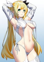 Rule 34 | 1girl, armpits, arms up, breasts, commentary, detached sleeves, dokibird (vtuber), english commentary, green eyes, grey background, handsofmidaz, highres, indie virtual youtuber, long hair, long sleeves, looking at viewer, medium breasts, meme attire, navel, parted lips, simple background, smile, solo, standing, twintails, underboob, virgin destroyer sweater, virtual youtuber
