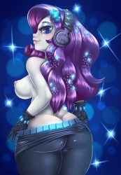 Rule 34 | 1girl, abstract background, absurdres, ass, breasts, butt crack, clothes pull, dankflank, eyelashes, hasbro, headphones, highres, large breasts, my little pony, my little pony: equestria girls, my little pony: friendship is magic, nipples, pants, pants pull, purple hair, rarity (my little pony), sideboob, solo, topless