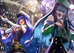 Rule 34 | 2girls, alternate costume, animal ears, bare shoulders, belt, beret, black hair, black shorts, blue hair, bracelet, breasts, buttons, closed eyes, colored inner hair, dark-skinned female, dark skin, double-breasted, earrings, elbow gloves, eyeliner, facepaint, facial mark, fate/grand order, fate (series), gloves, green headwear, green jacket, hat, hoop earrings, inugami86, jackal ears, jacket, jewelry, long hair, low-tied long hair, makeup, medium breasts, microphone, midriff, multicolored hair, multiple girls, music, navel, neck ring, necktie, nitocris (fate), nitocris (lostroom outfit) (fate), o-ring, off shoulder, open mouth, peaked cap, purple eyes, purple hair, red skirt, round eyewear, shorts, sidelocks, singing, sitting, skirt, small breasts, smile, stage, sunglasses, tenochtitlan (fate), tenochtitlan (second ascension) (fate), very long hair, wavy hair, white gloves, white headwear, zipper