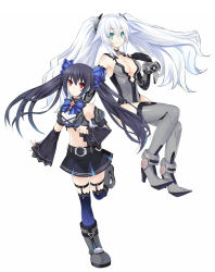 Rule 34 | 10s, 2girls, 48 (sibata57), absurdres, anklet, aqua eyes, arm strap, armpits, bad id, bad pixiv id, bare shoulders, belt, belt bra, black hair, black heart (neptunia), blue thighhighs, blush, bodysuit, boots, bow, bowtie, breasts, brooch, buckle, cleavage, cleavage cutout, clenched hand, clothing cutout, crop top, cross-laced clothes, detached sleeves, dual persona, elbow gloves, flipped hair, floating hair, from side, full body, gloves, grey footwear, grey legwear, hair between eyes, hair bow, hair ornament, halterneck, high heel boots, high heels, highres, jewelry, kami jigen game neptune v, leg up, leotard, light smile, long hair, looking at viewer, magical girl, midriff, miniskirt, multiple girls, navel, neptune (series), noire (neptunia), over-kneehighs, pleated skirt, power symbol, power symbol-shaped pupils, puffy sleeves, red eyes, sidelocks, simple background, sitting, skirt, smile, standing, standing on one leg, symbol-shaped pupils, thigh boots, thigh strap, thighhighs, turtleneck, twintails, vambraces, very long hair, white background, white hair, wide sleeves