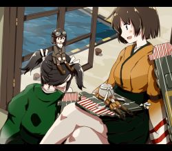 Rule 34 | 10s, 4girls, any (lucky denver mint), black hair, brown hair, fairy (kancolle), goggles, goggles on head, goggles on headwear, hiryuu (kancolle), japanese clothes, kantai collection, multiple girls, open mouth, ryuusei (kancolle), short hair, sitting, sitting on head, sitting on person, souryuu (kancolle), twintails, water, white hair, window