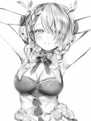 Rule 34 | 1girl, absurdres, antlers, arms behind head, arms up, asymmetrical bangs, bare arms, braid, braided bangs, breasts, ceres fauna, cleavage, flower, greyscale, hair flower, hair ornament, hair over one eye, highres, hololive, hololive english, horns, large breasts, long hair, looking at viewer, mole, mole under eye, monochrome, nanashi (nlo), simple background, sleeveless, smile, solo, upper body, virtual youtuber