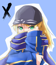 Rule 34 | 1girl, artoria pendragon (fate), baseball cap, blonde hair, blue scarf, blush, fate/stay night, fate (series), green eyes, hat, jacket, kazeshima tokadame, long sleeves, mysterious heroine x (fate), ponytail, rojiura satsuki : chapter heroine sanctuary, saber (fate), scarf, solo, track jacket, type-moon, upper body, x (letter)