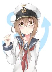 Rule 34 | 10s, 1girl, anchor symbol, arm behind back, blush, brown eyes, brown hair, commentary request, hand up, hat, highres, inazuma (kancolle), kantai collection, looking at viewer, neckerchief, peaked cap, school uniform, serafuku, sidelocks, smile, solo, yakitori (yakitori06)