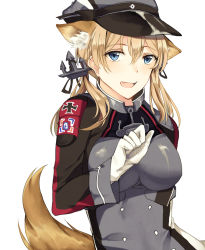Rule 34 | 10s, 1girl, anchor hair ornament, animal ears, blonde hair, blue eyes, cross, fang, gloves, hair ornament, hat, iron cross, kantai collection, kemonomimi mode, long hair, looking at viewer, military, military uniform, open mouth, peaked cap, prinz eugen (kancolle), rinarisa, simple background, smile, solo, tail, twintails, uniform, white background, wolf ears, wolf tail