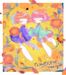 Rule 34 | 2girls, ahoge, blue dress, blush, blush stickers, closed eyes, closed mouth, commentary, dot mouth, dress, english text, floating, flower, long sleeves, marigold, mu (pop&#039;n music), multiple girls, nu (pop&#039;n music), orange hair, pink hair, pop&#039;n music, purple dress, short hair, sleeves past fingers, sleeves past wrists, smile, song name, sound wave, sushiuma m, swept bangs