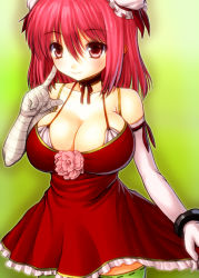 Rule 34 | 1girl, alternate costume, asamura hiori, bandages, bare shoulders, blush, breasts, bun cover, cleavage, collarbone, double bun, dress, elbow gloves, female focus, gloves, green thighhighs, hair bun, ibaraki kasen, large breasts, pink eyes, pink hair, short hair, simple background, smile, solo, thighhighs, touhou