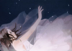 Rule 34 | 1girl, bad id, bad pixiv id, bare shoulders, bridal veil, brown eyes, brown hair, dress, falling, female focus, original, outstretched arm, outstretched hand, petals, reaching, solo, sumishuu, tears, veil, wedding dress