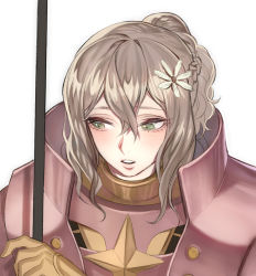 Rule 34 | 1girl, armor, blush, effie (fire emblem), fire emblem, fire emblem fates, flower, full armor, green eyes, grey hair, hair between eyes, hair flower, hair ornament, holding, holding polearm, holding weapon, nintendo, pink armor, polearm, short hair, short ponytail, simple background, solo, upper body, weapon, white background, zuizi