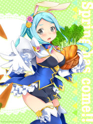 Rule 34 | !, !!, 1girl, alternate costume, animal ears, artist name, blue hair, blush, breasts, carrot, cleavage, fake animal ears, fire emblem, fire emblem fates, fire emblem heroes, flora (fire emblem), flower, gloves, grey eyes, hair flower, hair ornament, leaf, long hair, looking at viewer, medium breasts, momosemocha, nintendo, open mouth, playboy bunny, rabbit ears, rabbit girl, rabbit tail, solo, tail, thighs, twintails