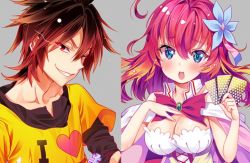 Rule 34 | 10s, 1boy, 1girl, bare shoulders, blue eyes, blush, bow, bowtie, breasts, brown hair, card, chess piece, cleavage, clothes writing, detached collar, dress, evil grin, evil smile, flower, gradient hair, grin, hair flower, hair ornament, king (chess), large breasts, multicolored hair, no game no life, open mouth, playing card, red eyes, red hair, shirt, short hair, smile, sntl222, sora (no game no life), spiked hair, stephanie dora, t-shirt