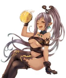 Rule 34 | 1girl, ;d, alcohol, arm up, beer, beer mug, black gloves, black thighhighs, breasts, brown eyes, chobi (sakuyasakuhana), circlet, crossed legs, cup, dark-skinned female, dark skin, detached collar, earrings, gloves, high ponytail, jewelry, long hair, medium breasts, mug, naked ribbon, navel, necklace, one eye closed, open mouth, pointy ears, ribbon, silver hair, simple background, sitting, smile, solo, sparkle, swept bangs, thighhighs, underboob, very long hair, white background