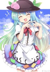 Rule 34 | 1girl, apron, black hat, blue hair, blue skirt, blush, bow, buttons, center frills, closed eyes, collared shirt, food, frills, fruit, gradient hair, hat, heart, highres, hinanawi tenshi, leaf, long hair, multicolored hair, neck ribbon, open mouth, peach, puffy short sleeves, puffy sleeves, rainbow hair, rainbow order, ramudia (lamyun), red bow, redrawn, ribbon, shirt, short sleeves, sidelocks, skirt, sky, smile, solo, touhou, white background, white shirt