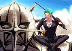 Rule 34 | 2boys, black pants, black suit, eilinna, giant, giant male, green hair, katana, crossed legs, male focus, multiple boys, official alternate costume, one piece, over shoulder, pants, partially unbuttoned, pectoral cleavage, pectorals, pica (one piece), roronoa zoro, scar, scar across eye, scar on face, short hair, sideburns, smirk, suit, sword, sword over shoulder, toned, toned male, weapon, weapon over shoulder